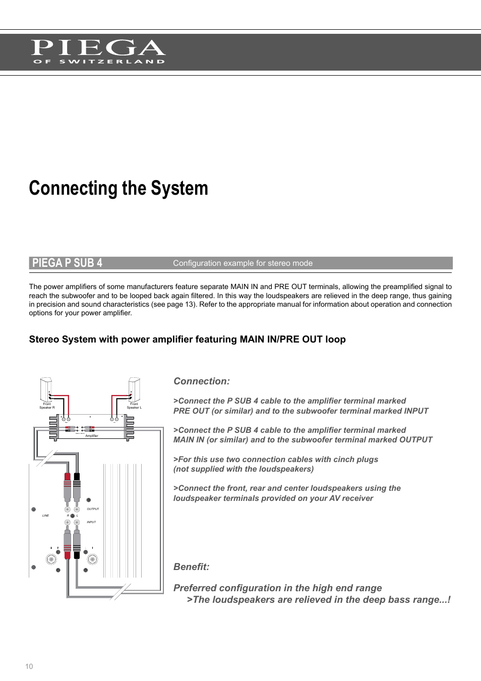 Connecting the system, Piega p sub 4, Connection | Piega P Sub 4 User Manual | Page 10 / 16