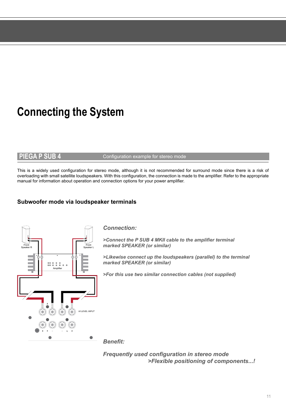 Connecting the system, Piega p sub 4, Subwoofer mode via loudspeaker terminals | Connection | Piega P Sub 4 User Manual | Page 11 / 16