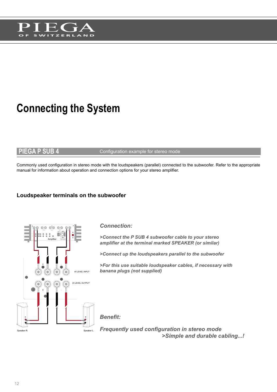 Connecting the system, Piega p sub 4, Loudspeaker terminals on the subwoofer | Configuration example for stereo mode | Piega P Sub 4 User Manual | Page 12 / 16