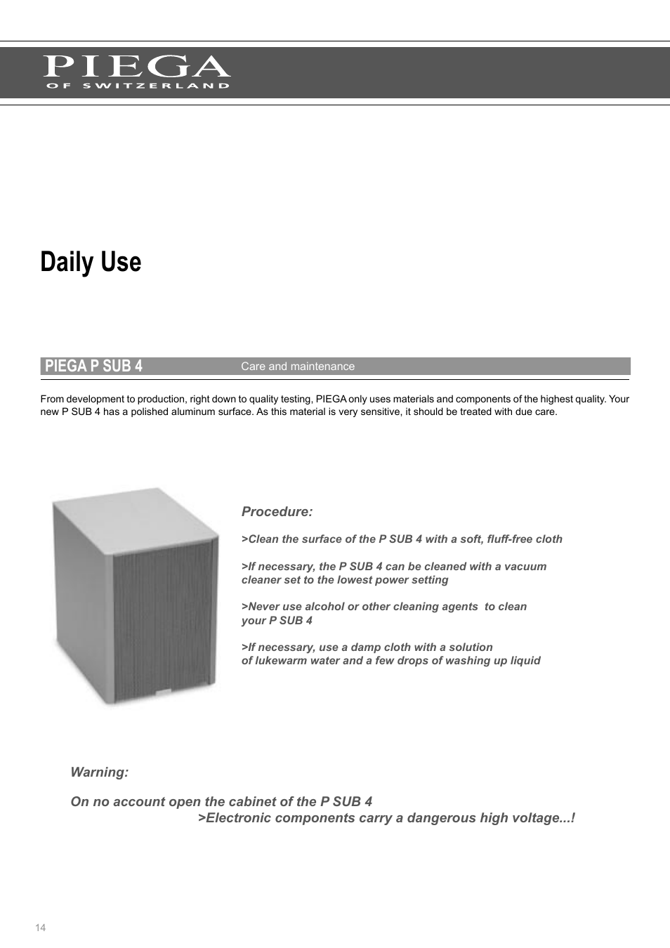 Daily use, Piega p sub 4 | Piega P Sub 4 User Manual | Page 14 / 16