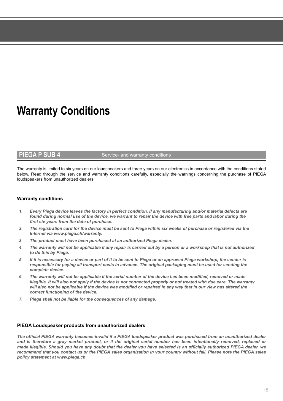 Warranty conditions, Piega p sub 4 | Piega P Sub 4 User Manual | Page 15 / 16