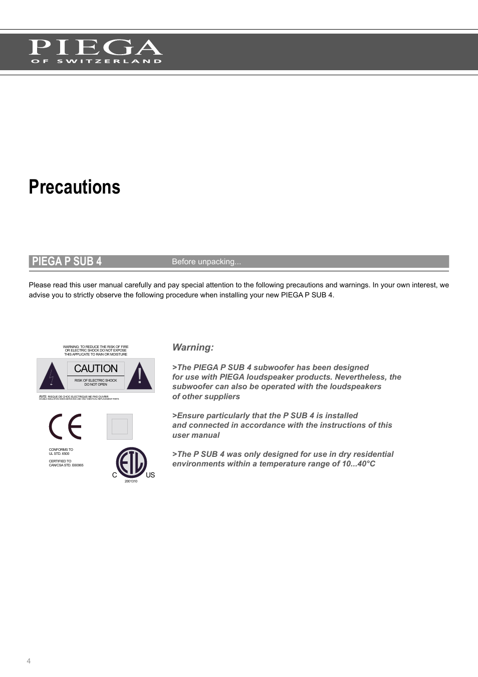 Precautions, Piega p sub 4, Caution | Warning | Piega P Sub 4 User Manual | Page 4 / 16