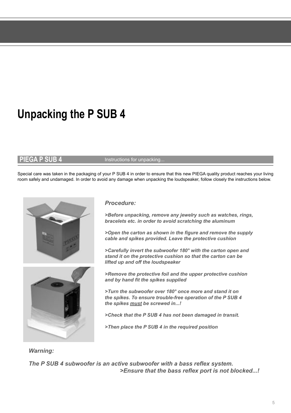 Unpacking the p sub 4, Piega p sub 4 | Piega P Sub 4 User Manual | Page 5 / 16