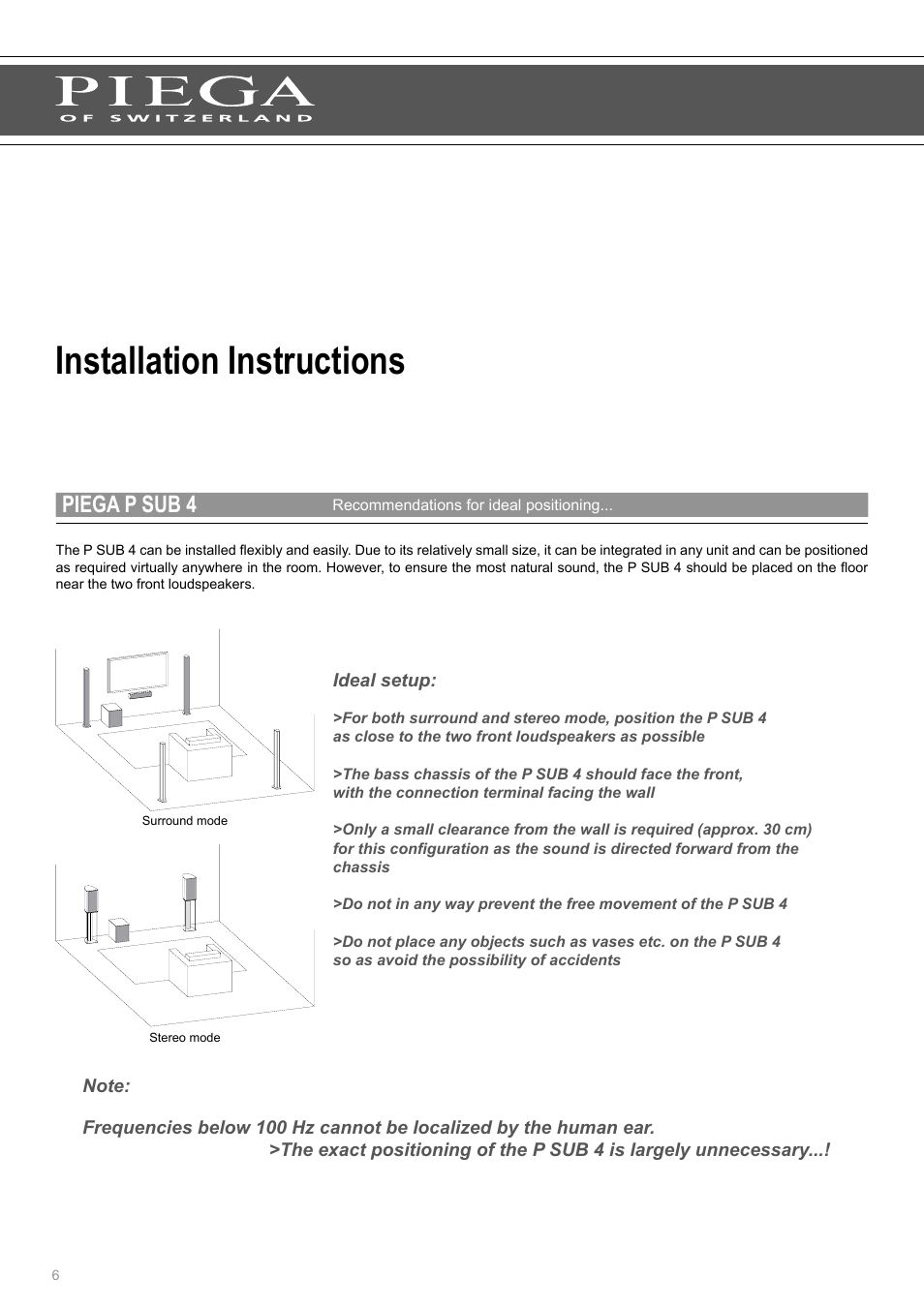 Installation instructions, Piega p sub 4 | Piega P Sub 4 User Manual | Page 6 / 16