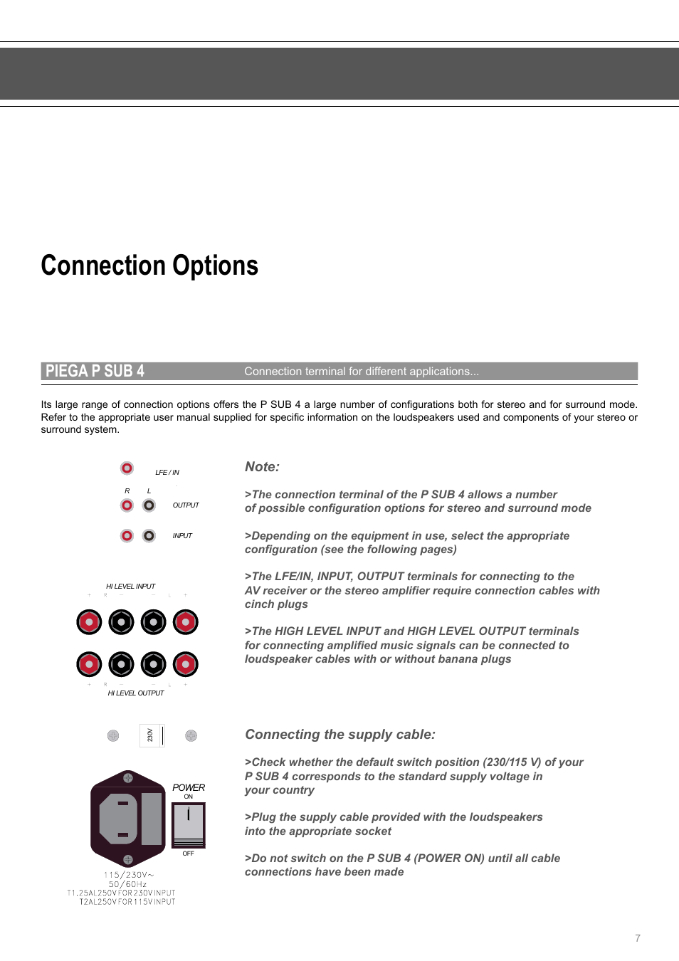 Connection options, Piega p sub 4, Connecting the supply cable | Piega P Sub 4 User Manual | Page 7 / 16