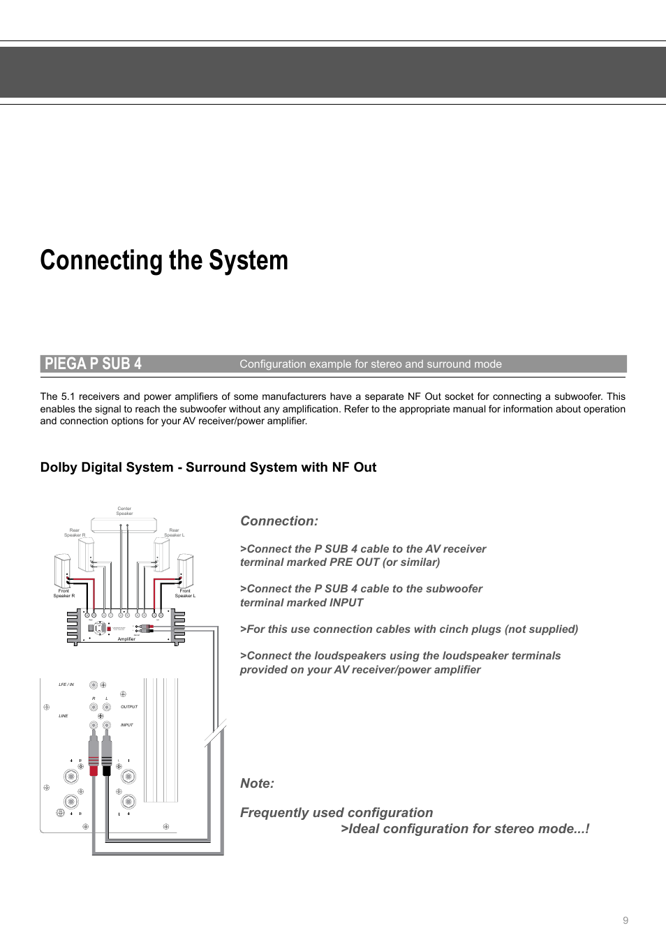 Connecting the system, Piega p sub 4, Dolby digital system - surround system with nf out | Piega P Sub 4 User Manual | Page 9 / 16