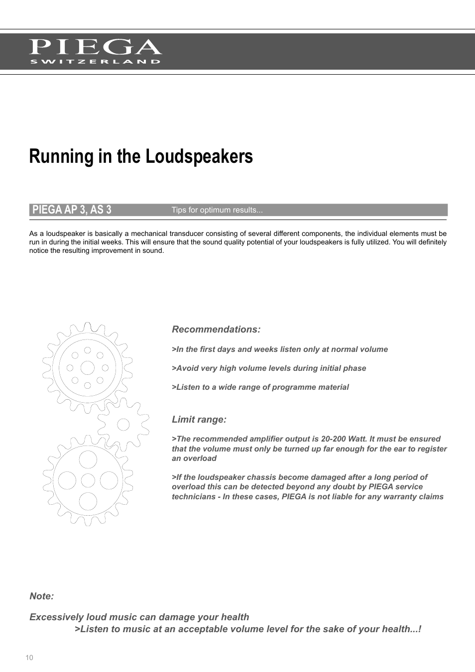 Running in the loudspeakers, Piega ap 3, as 3 | Piega AP 3 User Manual | Page 10 / 18