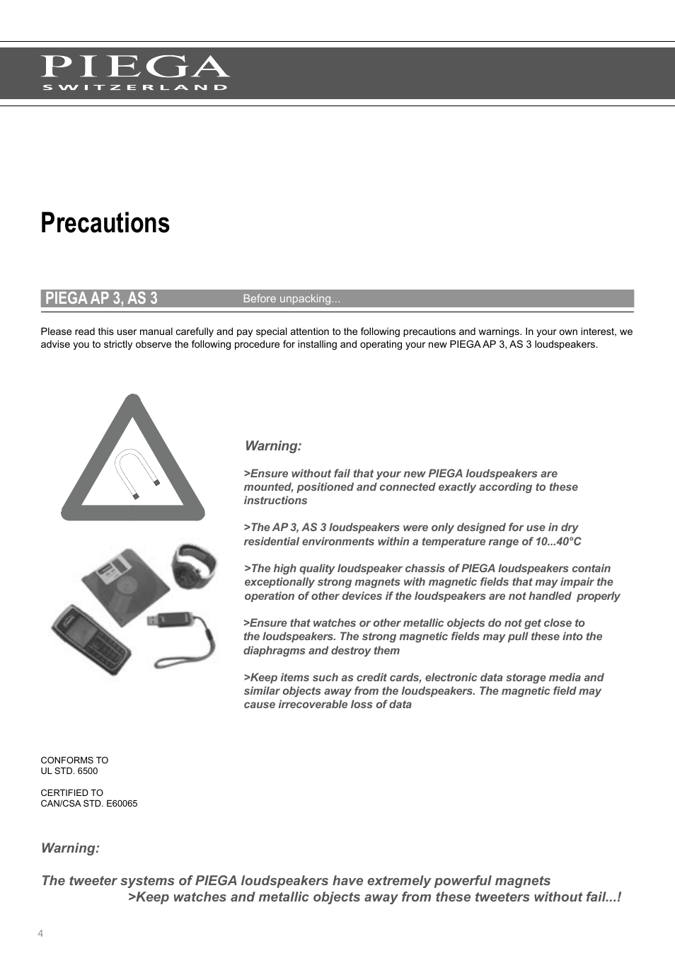 Precautions, Piega ap 3, as 3 | Piega AP 3 User Manual | Page 4 / 18