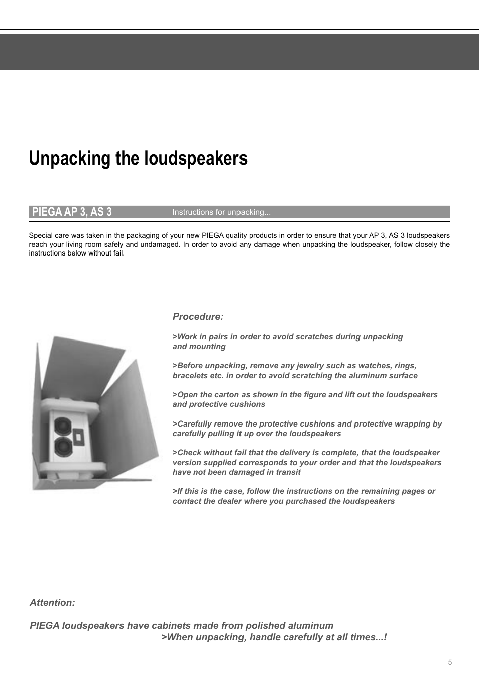 Unpacking the loudspeakers, Piega ap 3, as 3 | Piega AP 3 User Manual | Page 5 / 18