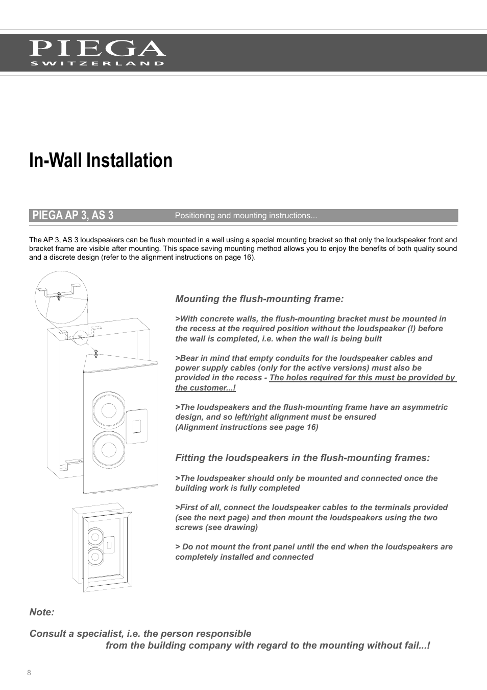 In-wall installation, Piega ap 3, as 3 | Piega AP 3 User Manual | Page 8 / 18