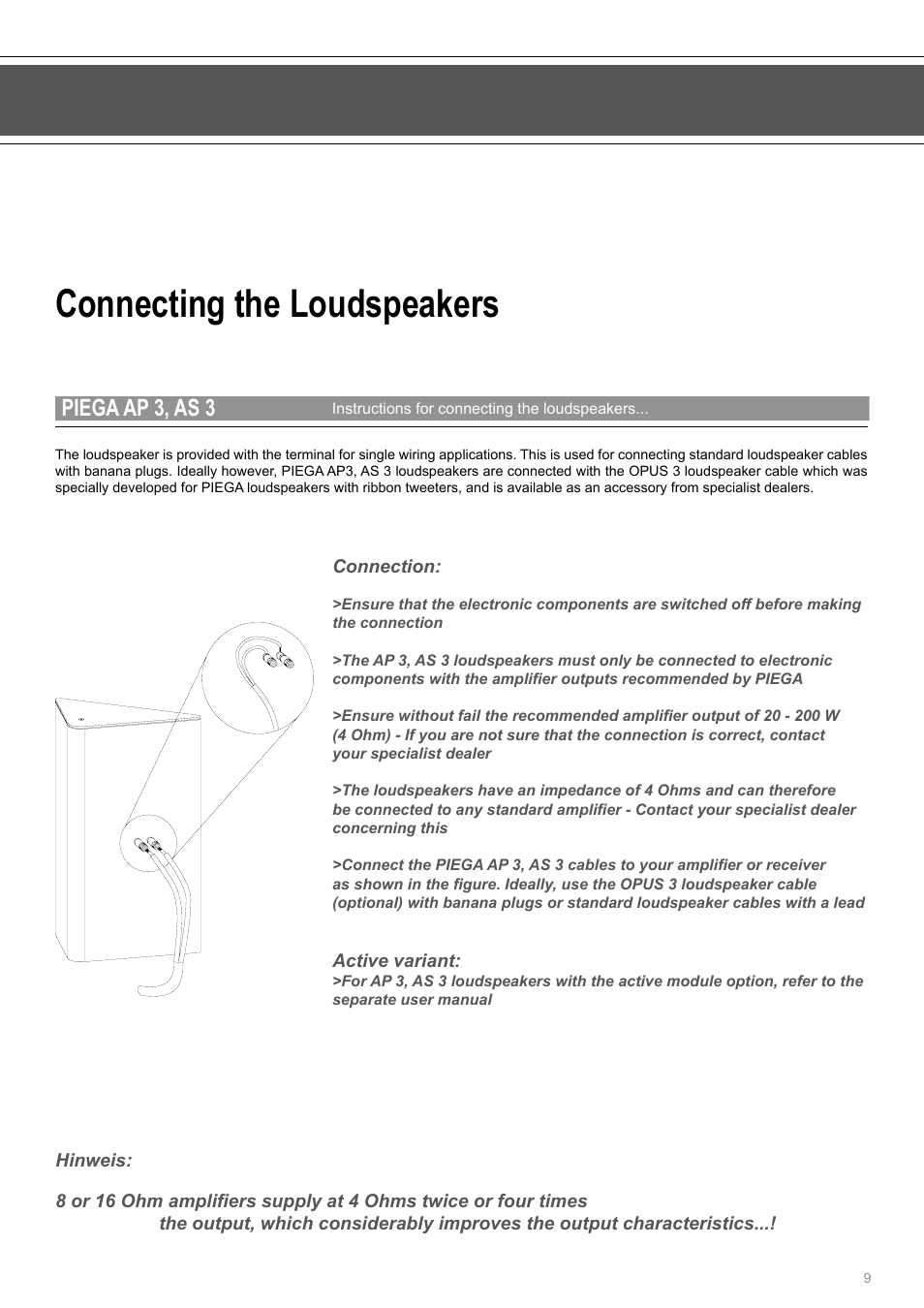 Connecting the loudspeakers, Piega ap 3, as 3 | Piega AP 3 User Manual | Page 9 / 18