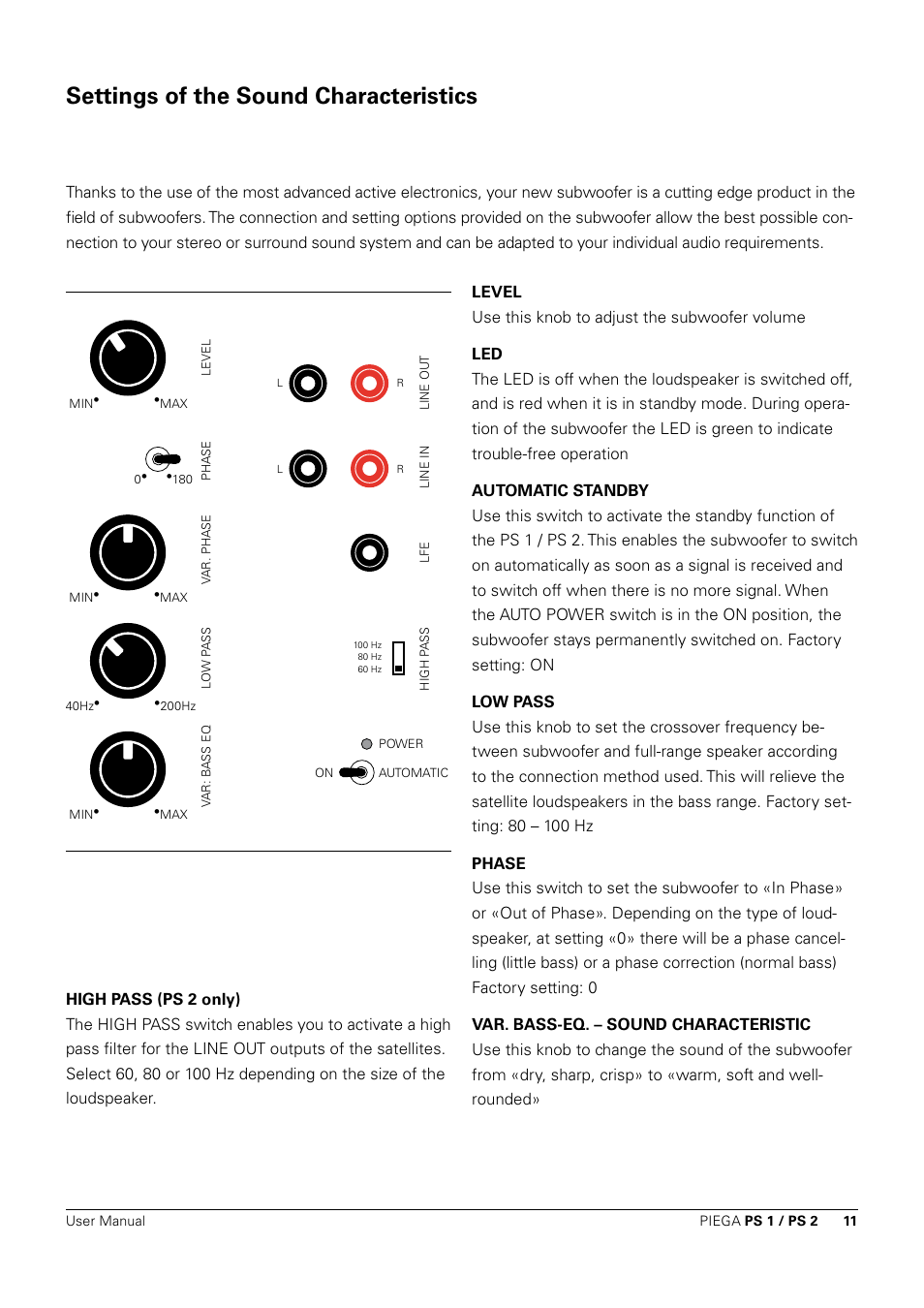 Settings of the sound characteristics | Piega PS 1 User Manual | Page 11 / 14