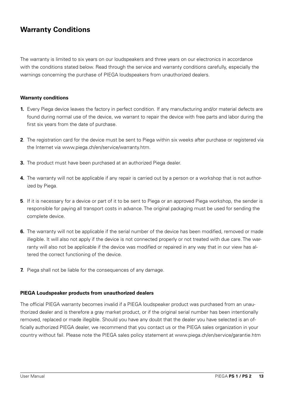 Warranty conditions | Piega PS 1 User Manual | Page 13 / 14