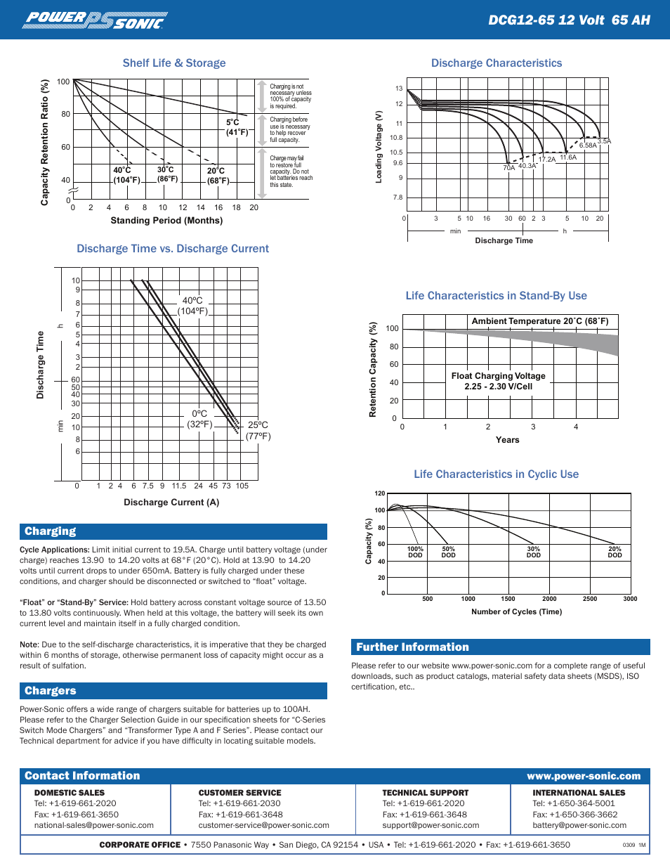 Charging, Chargers, Contact information | Further information | Power-Sonic DCG12-65 User Manual | Page 2 / 2