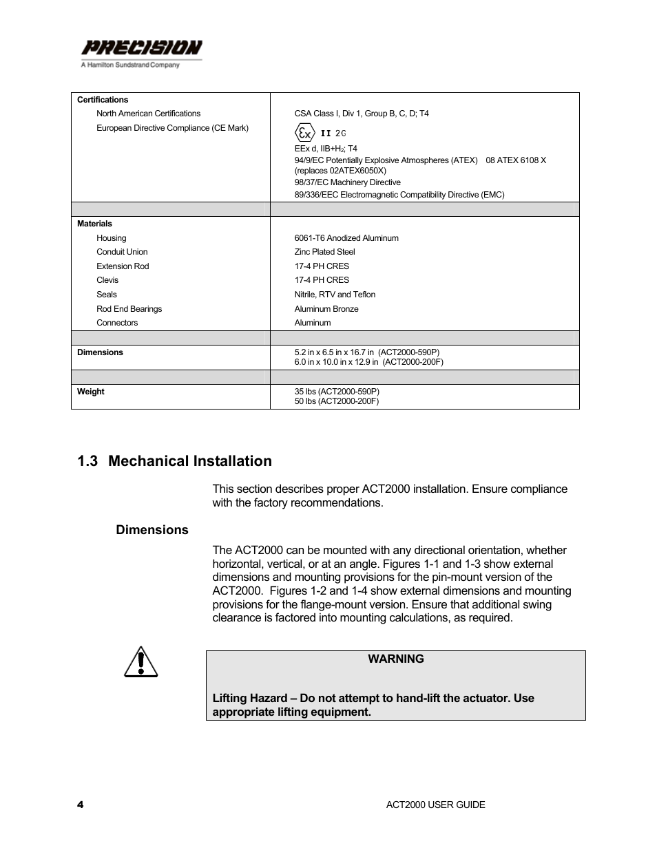 3 mechanical installation, Dimensions, Mechanical installation | Hamilton Sundstrand Company ACT2000 User Manual | Page 10 / 64