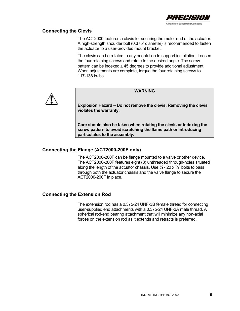 Connecting the clevis, Connecting the flange (act2000-200f only), Connecting the extension rod | Hamilton Sundstrand Company ACT2000 User Manual | Page 11 / 64