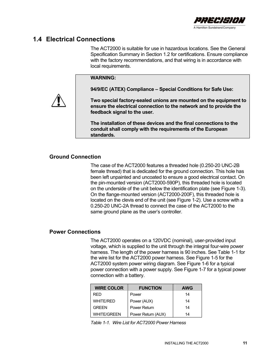 4 electrical connections, Ground connection, Power connections | Electrical connections, Table 1-1. wire list for act2000 power harness | Hamilton Sundstrand Company ACT2000 User Manual | Page 17 / 64