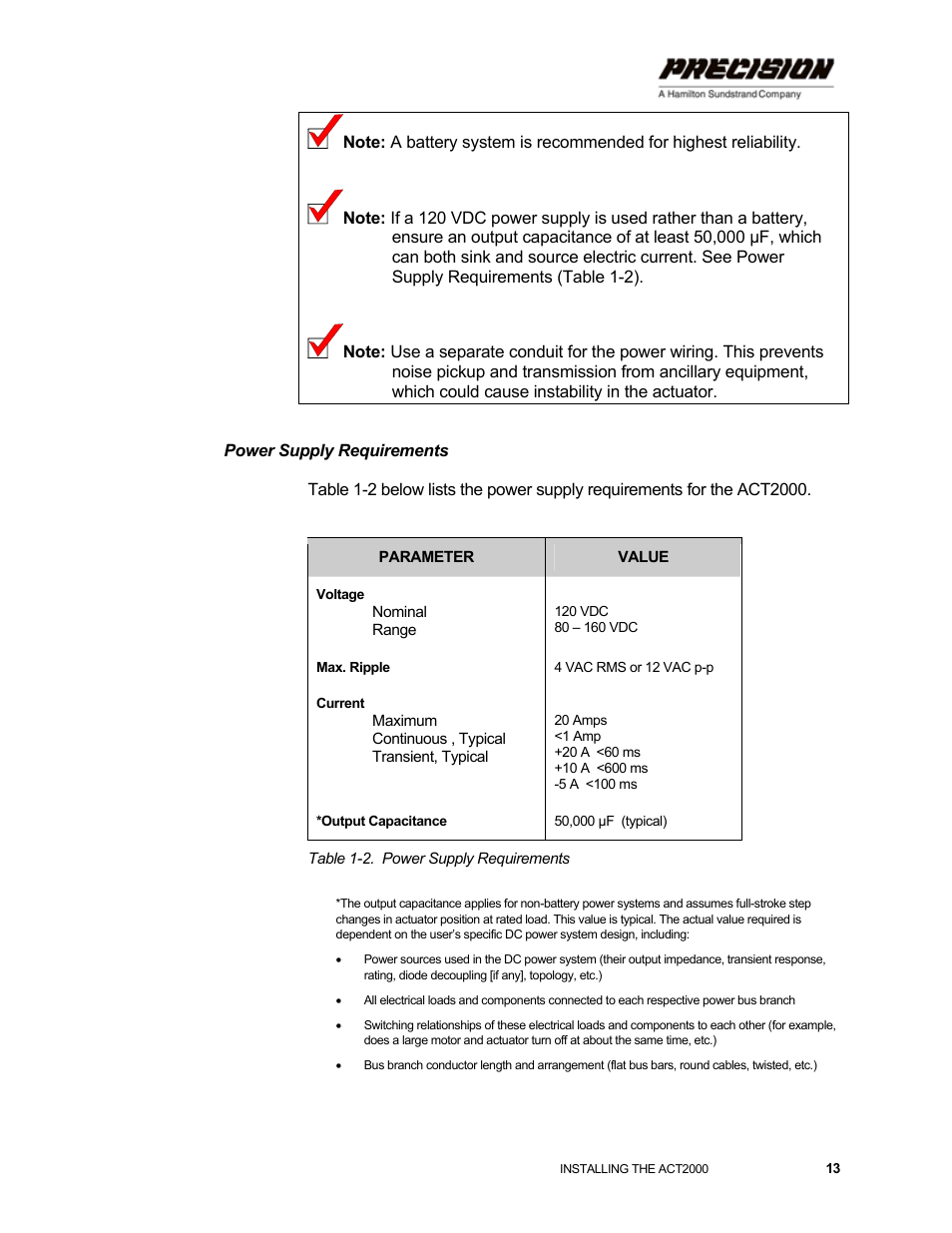 Power supply requirements, Table 1-2. power supply requirements | Hamilton Sundstrand Company ACT2000 User Manual | Page 19 / 64