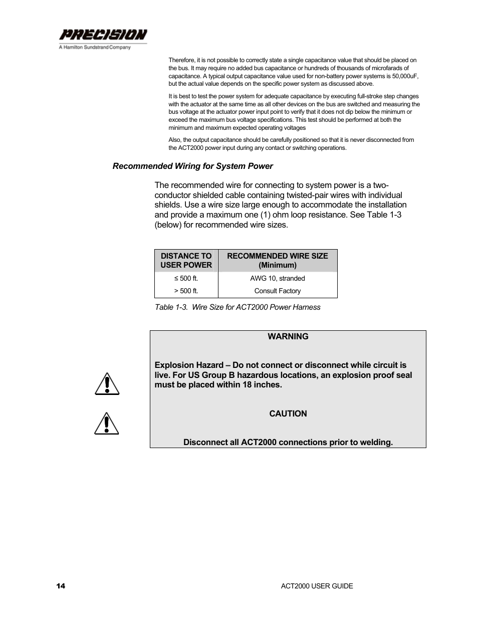 Recommended wiring for system power, Table 1-3. wire size for act2000 power harness | Hamilton Sundstrand Company ACT2000 User Manual | Page 20 / 64