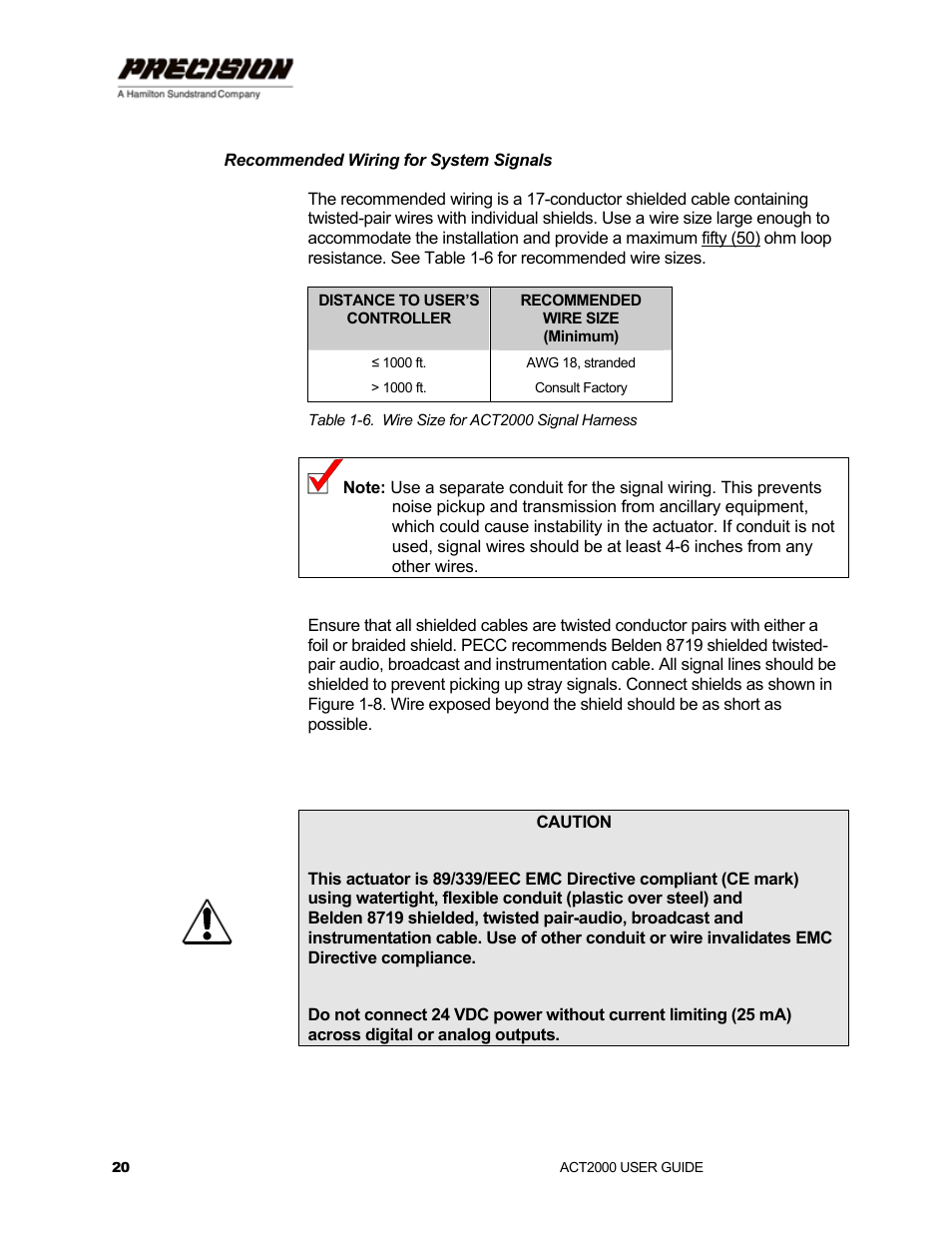 Recommended wiring for system signals, Table 1-6. wire size for act2000 signal harness | Hamilton Sundstrand Company ACT2000 User Manual | Page 26 / 64