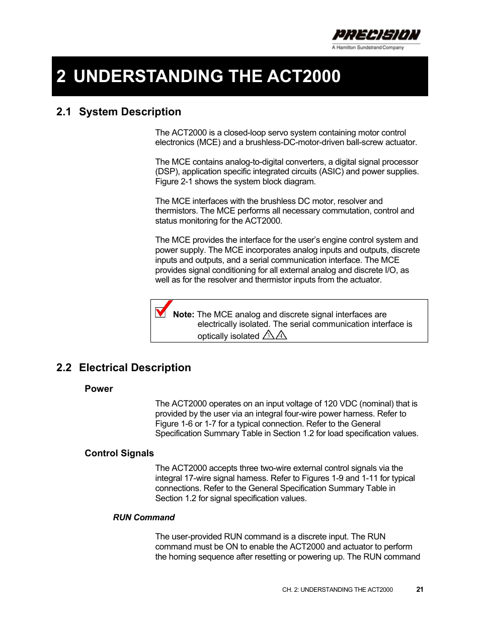 2 understanding the act2000, 1 system description, 2 electrical description | Power, Control signals, Run command, Understanding the act2000, System description, Electrical description | Hamilton Sundstrand Company ACT2000 User Manual | Page 27 / 64