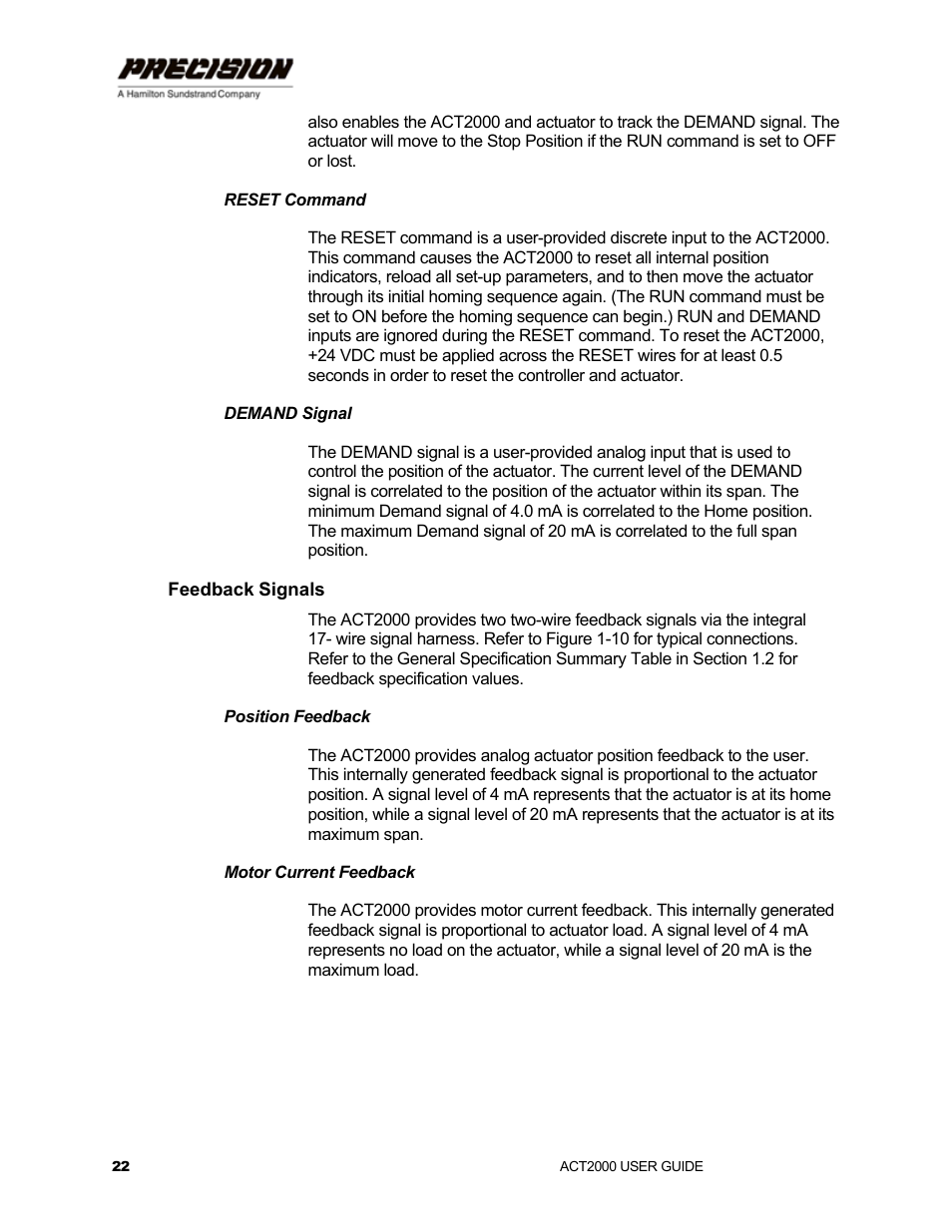 Reset command, Demand signal, Feedback signals | Position feedback, Motor current feedback | Hamilton Sundstrand Company ACT2000 User Manual | Page 28 / 64