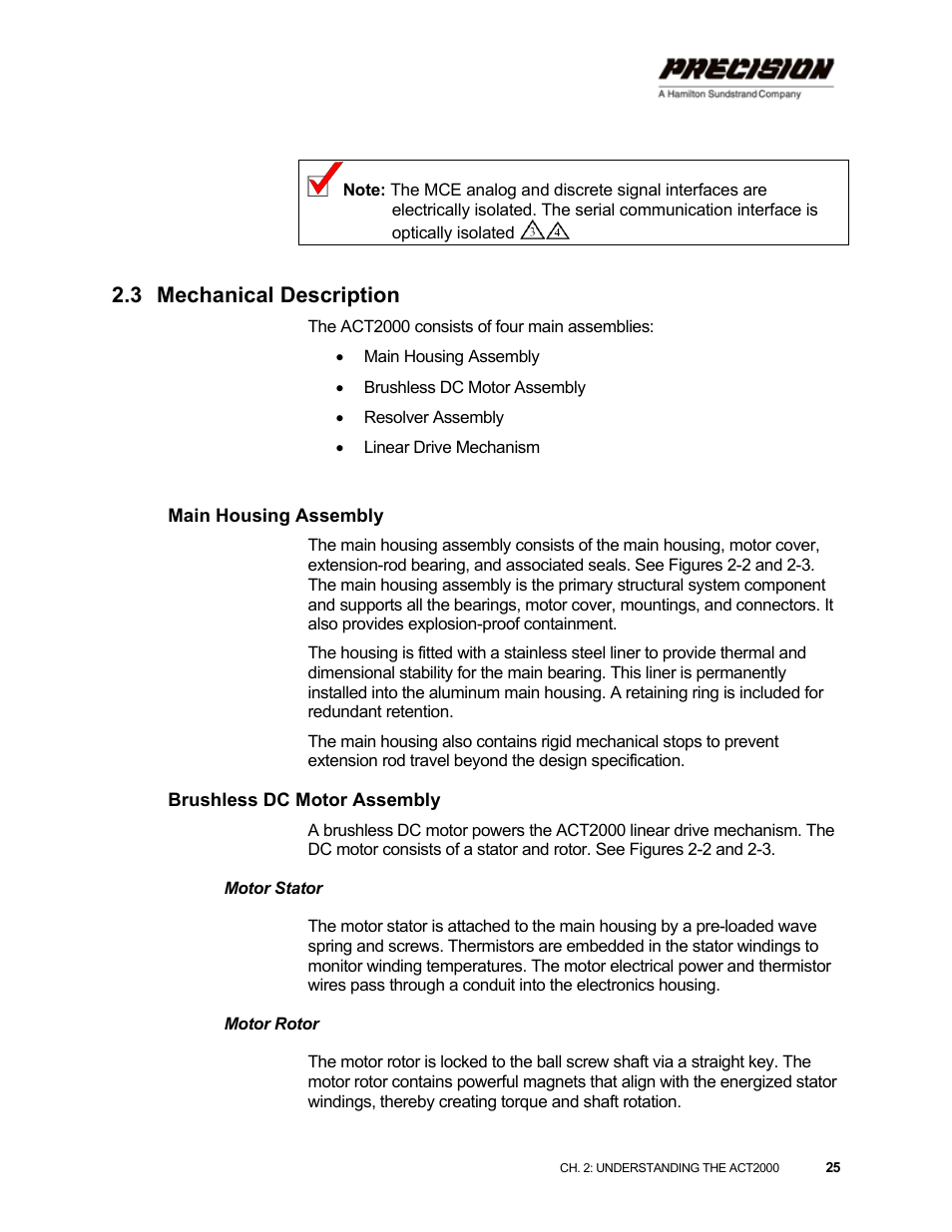 3 mechanical description, Main housing assembly, Brushless dc motor assembly | Motor stator, Motor rotor, Mechanical description | Hamilton Sundstrand Company ACT2000 User Manual | Page 31 / 64