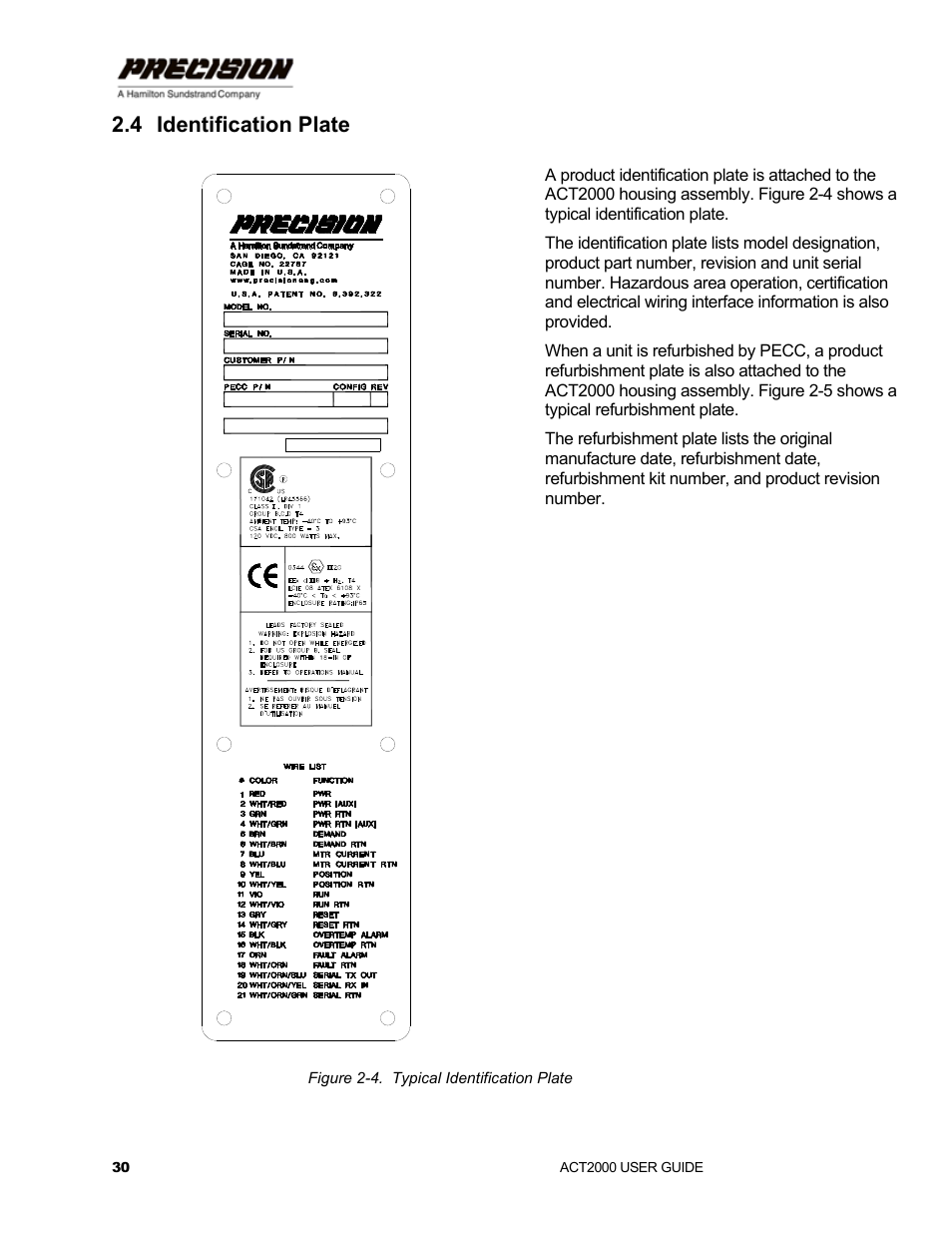 4 identification plate, Identification plate, Figure 2-4. typical identification plate | Hamilton Sundstrand Company ACT2000 User Manual | Page 36 / 64