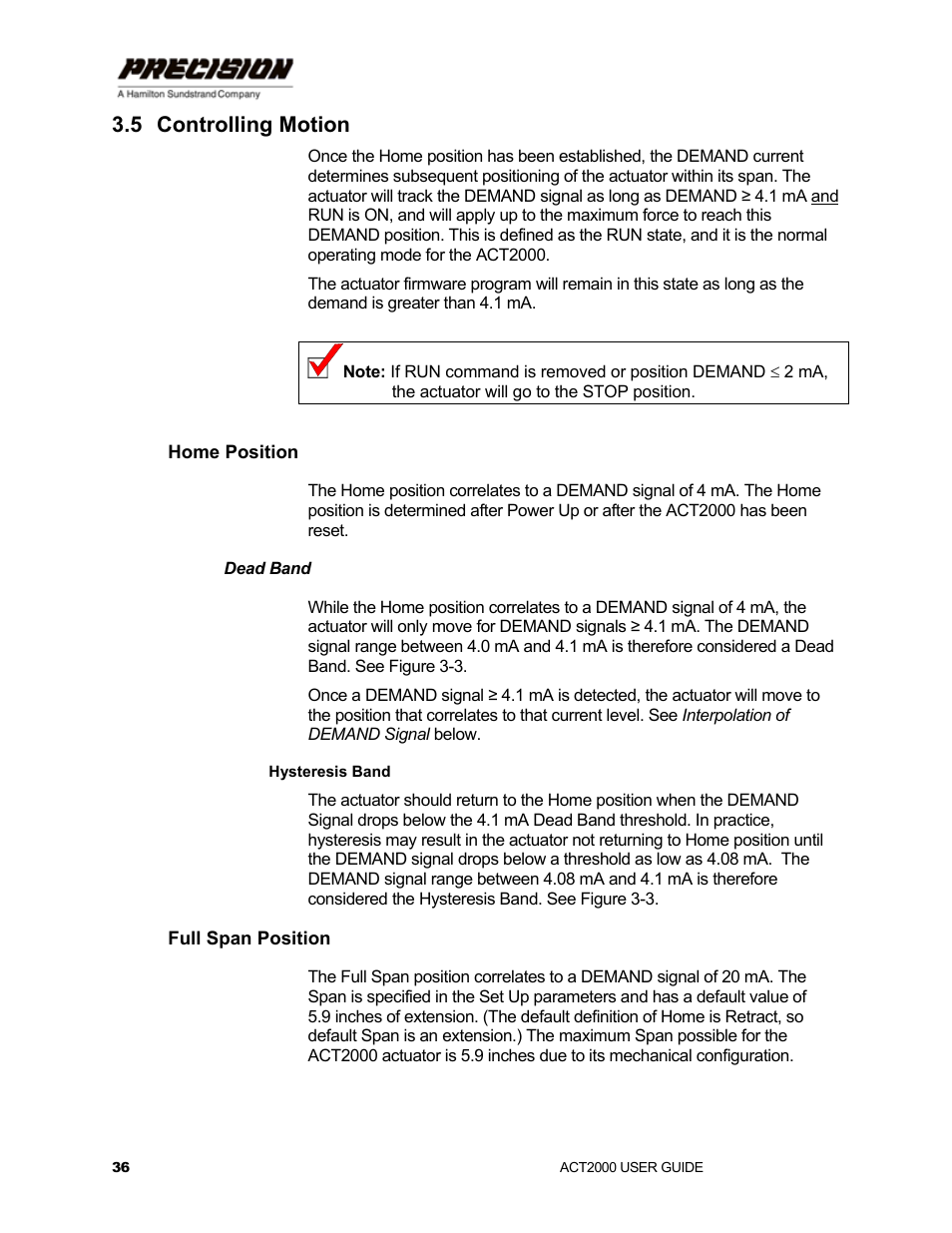 5 controlling motion, Home position, Dead band | Hysteresis band, Full span position, Controlling motion | Hamilton Sundstrand Company ACT2000 User Manual | Page 42 / 64