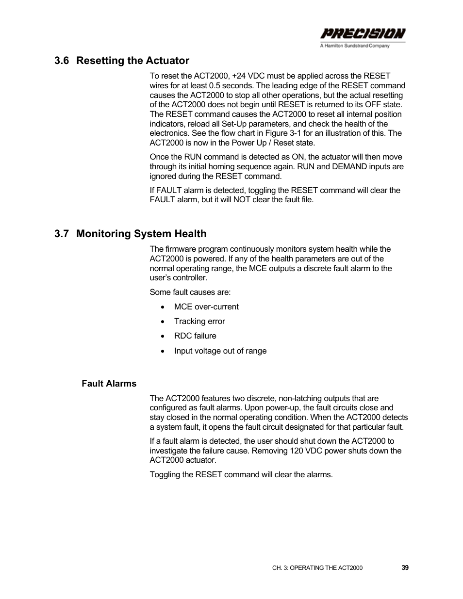 6 resetting the actuator, 7 monitoring system health, Fault alarms | Resetting the actuator, Monitoring system health | Hamilton Sundstrand Company ACT2000 User Manual | Page 45 / 64