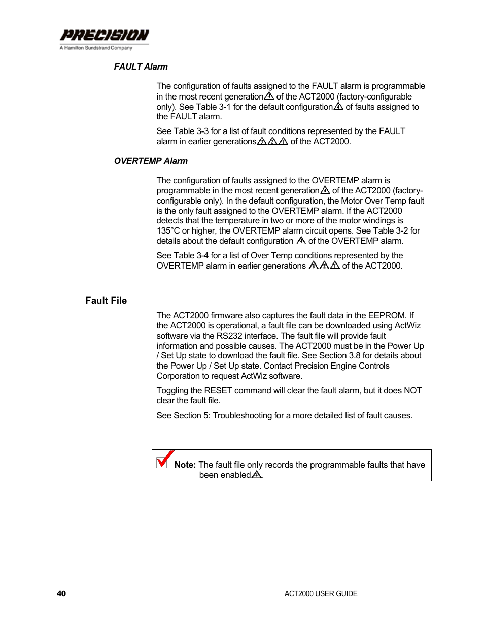 Fault alarm, Overtemp alarm, Fault file | Hamilton Sundstrand Company ACT2000 User Manual | Page 46 / 64