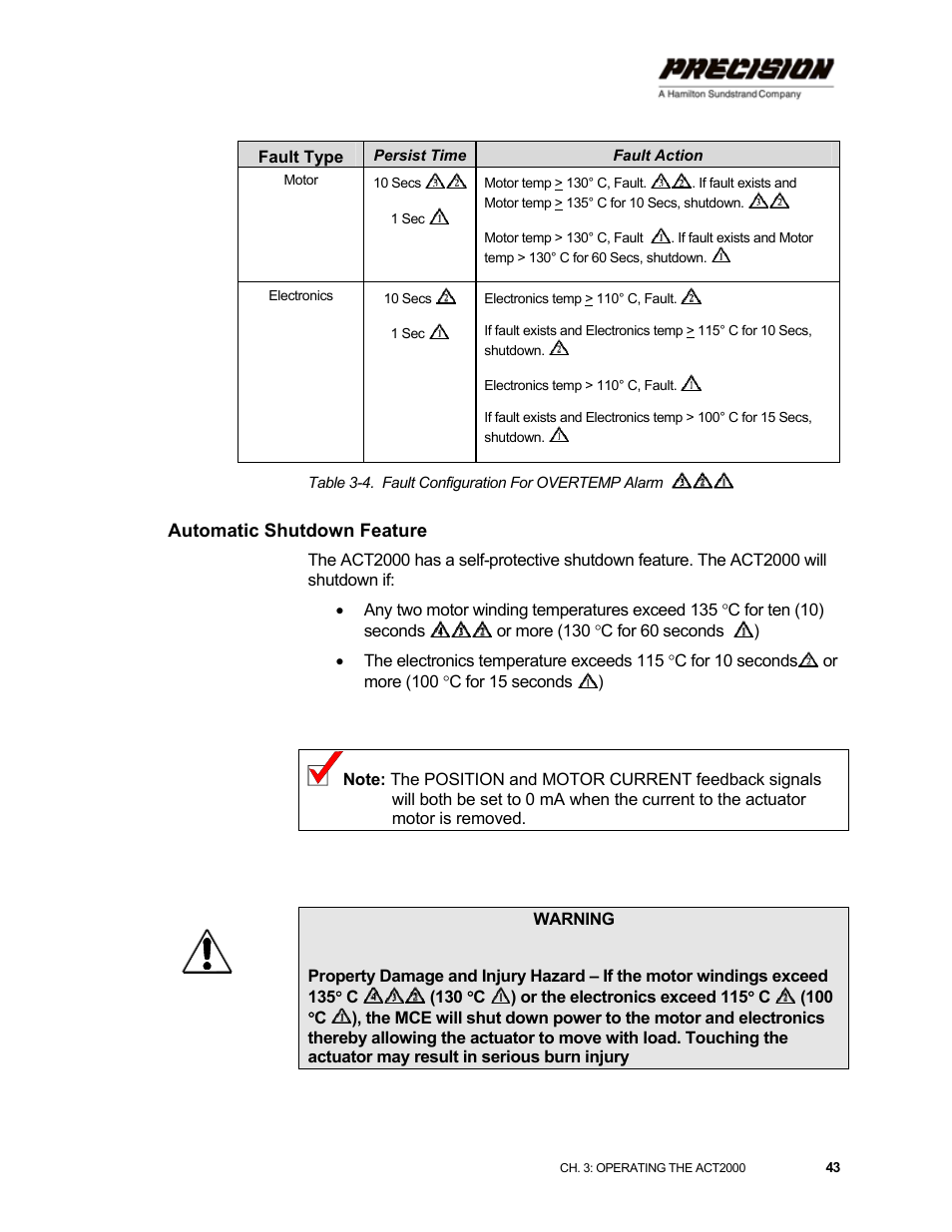 Automatic shutdown feature, Table 3-4. fault configuration for overtemp alarm | Hamilton Sundstrand Company ACT2000 User Manual | Page 49 / 64