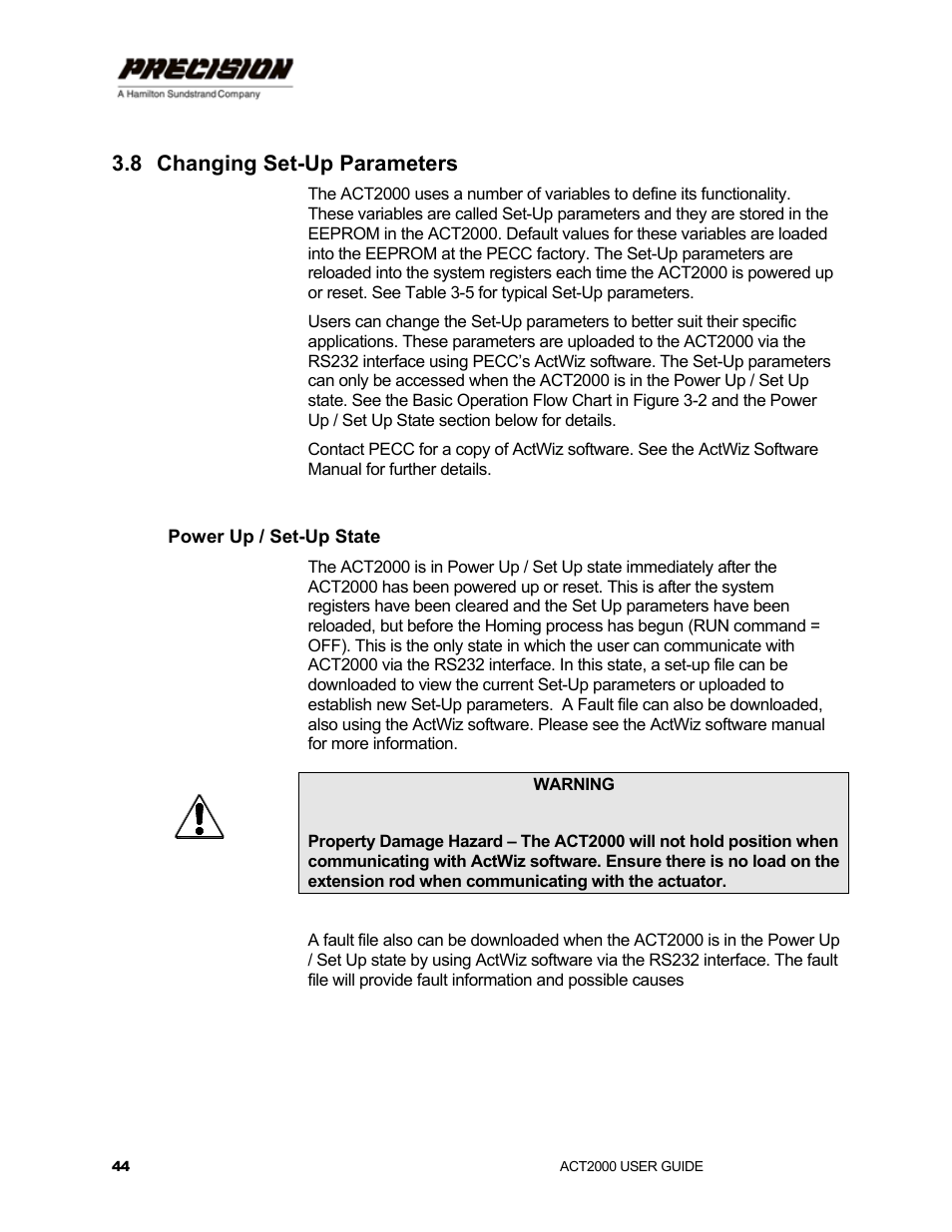 8 changing set-up parameters, Power up / set-up state, Changing set-up parameters | Hamilton Sundstrand Company ACT2000 User Manual | Page 50 / 64