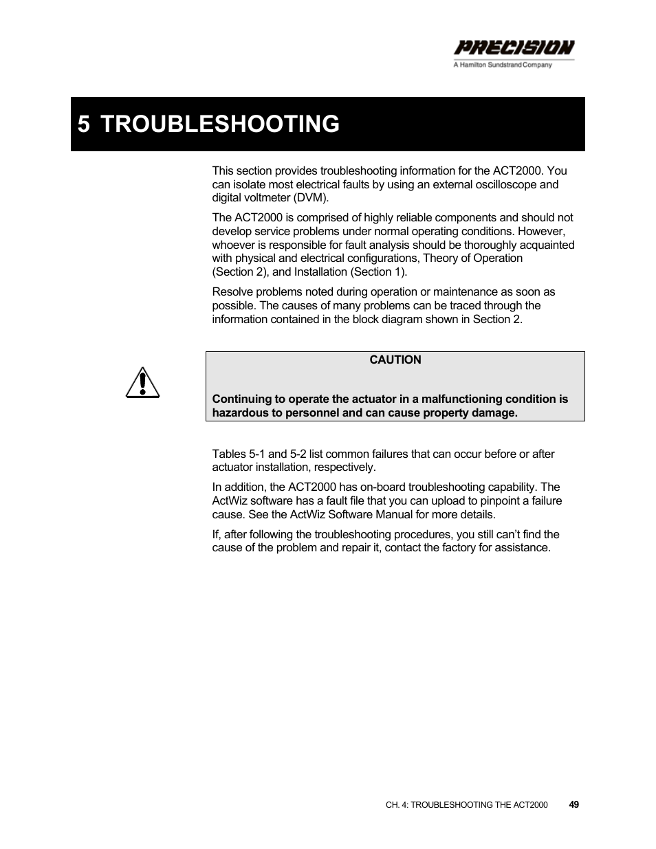 5 troubleshooting, Troubleshooting | Hamilton Sundstrand Company ACT2000 User Manual | Page 55 / 64