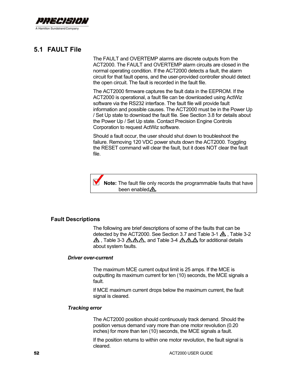 1 fault file, Fault descriptions, Driver over-current | Tracking error, Fault file | Hamilton Sundstrand Company ACT2000 User Manual | Page 58 / 64