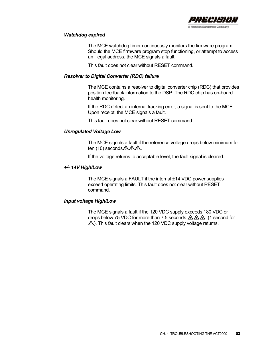 Watchdog expired, Resolver to digital converter (rdc) failure, Unregulated voltage low | 14v high/low, Input voltage high/low | Hamilton Sundstrand Company ACT2000 User Manual | Page 59 / 64