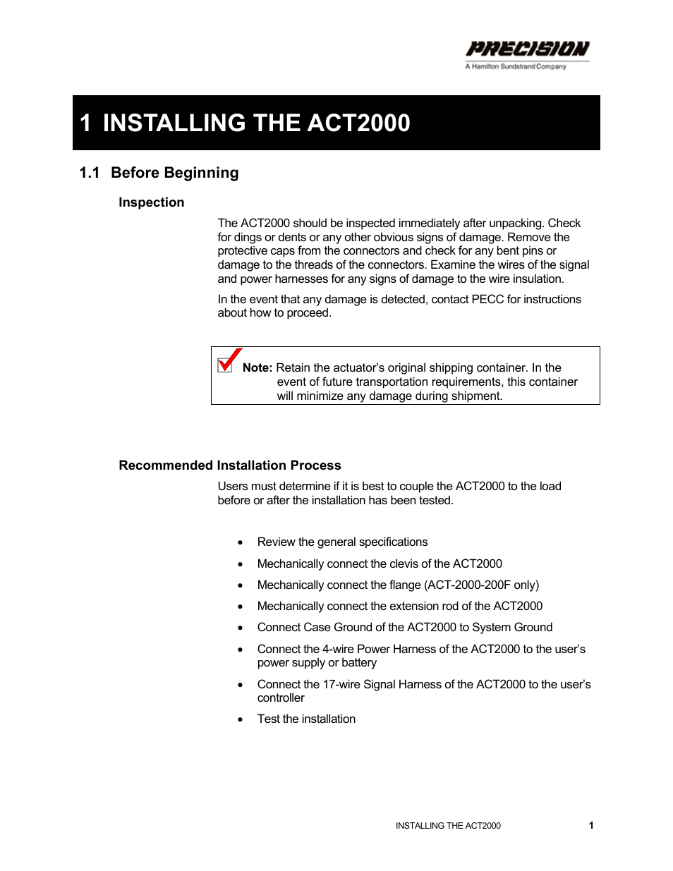 1 installing the act2000, 1 before beginning, Inspection | Recommended installation process, Installing the act2000, Before beginning | Hamilton Sundstrand Company ACT2000 User Manual | Page 7 / 64