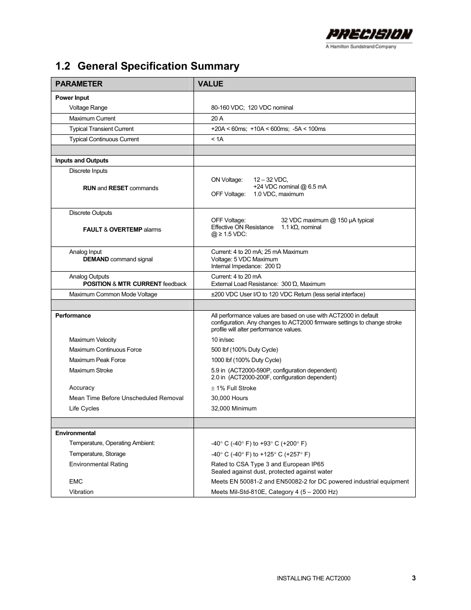 2 general specification summary, Power input, General specification summary | Hamilton Sundstrand Company ACT2000 User Manual | Page 9 / 64