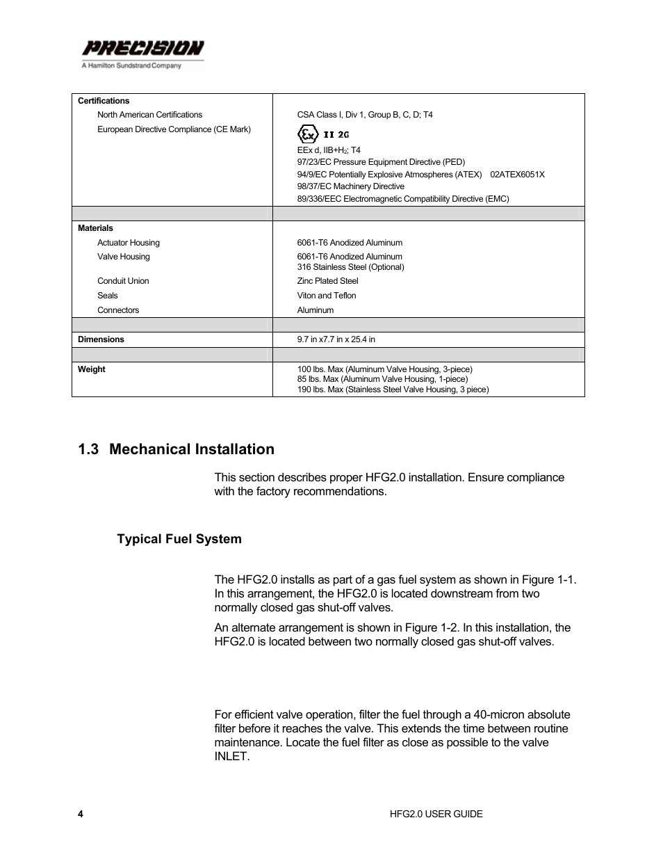 3 mechanical installation, Typical fuel system, Fuel filtering | Mechanical installation | Hamilton Sundstrand Company Gas Fuel Metering Valve HFG2.0 User Manual | Page 10 / 70