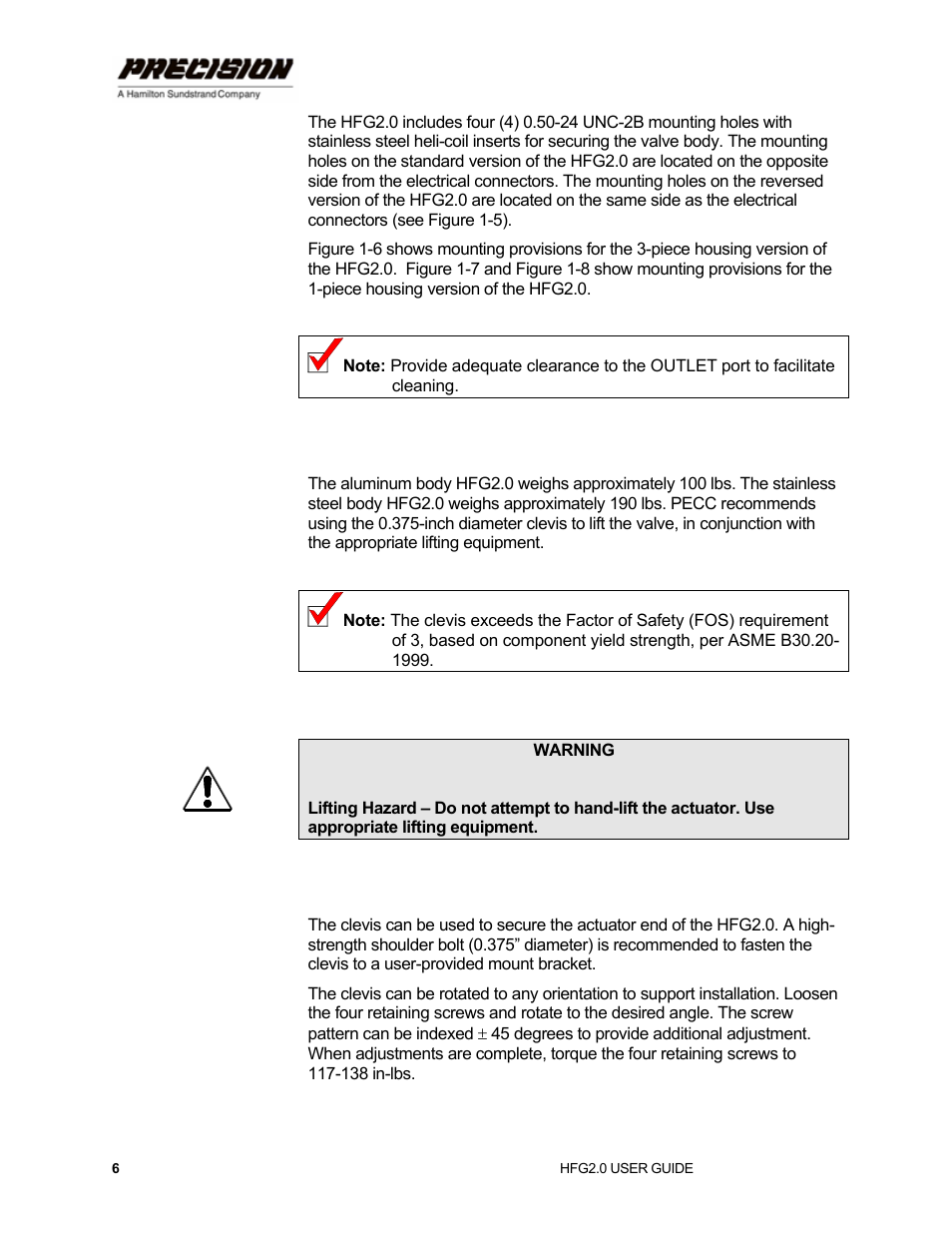 Lifting considerations, Connecting the clevis | Hamilton Sundstrand Company Gas Fuel Metering Valve HFG2.0 User Manual | Page 12 / 70