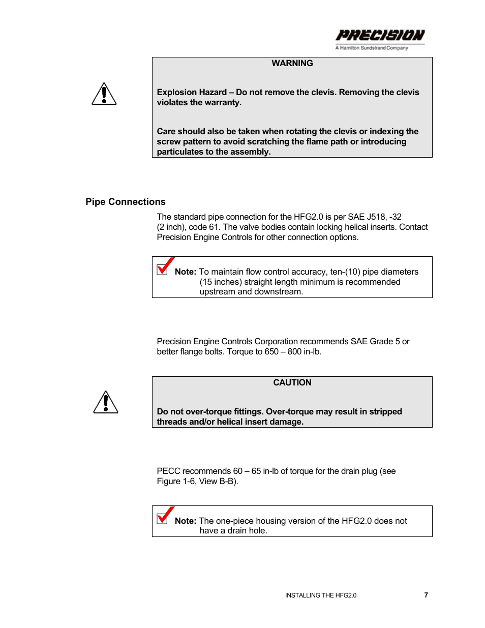 Pipe connections, Flange bolts, Drain plug | Hamilton Sundstrand Company Gas Fuel Metering Valve HFG2.0 User Manual | Page 13 / 70