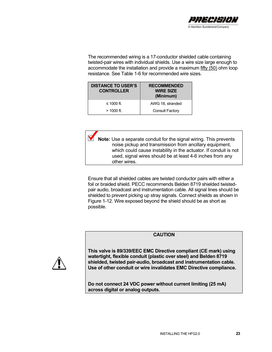 Recommended wiring for system signals, Table 1-6. wire size for hfg2.0 signal harness | Hamilton Sundstrand Company Gas Fuel Metering Valve HFG2.0 User Manual | Page 29 / 70