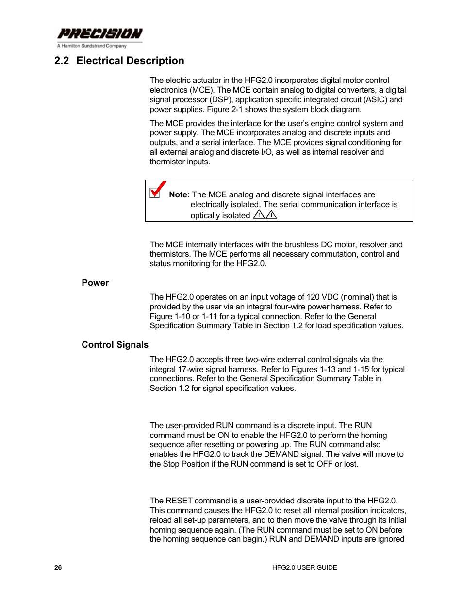 2 electrical description, Power, Control signals | Run command, Reset command, Electrical description | Hamilton Sundstrand Company Gas Fuel Metering Valve HFG2.0 User Manual | Page 32 / 70