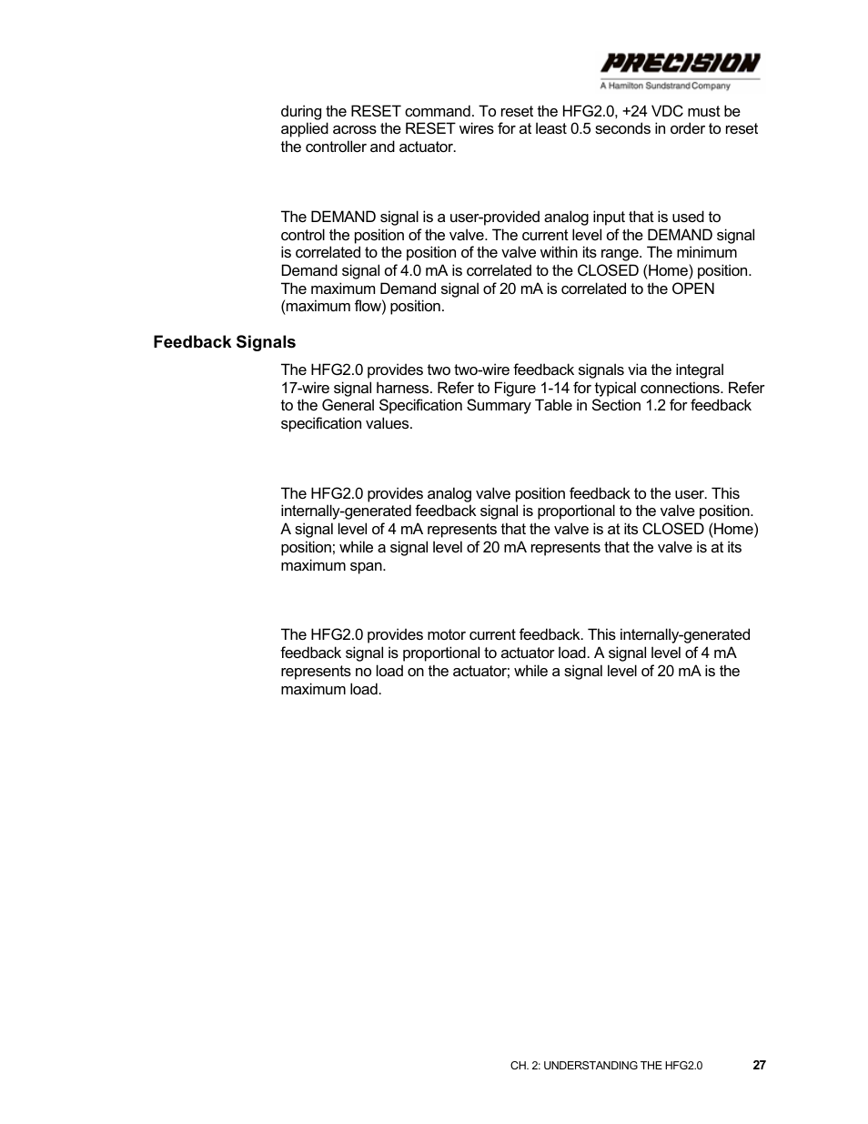 Demand signal, Feedback signals, Position feedback | Motor current feedback | Hamilton Sundstrand Company Gas Fuel Metering Valve HFG2.0 User Manual | Page 33 / 70