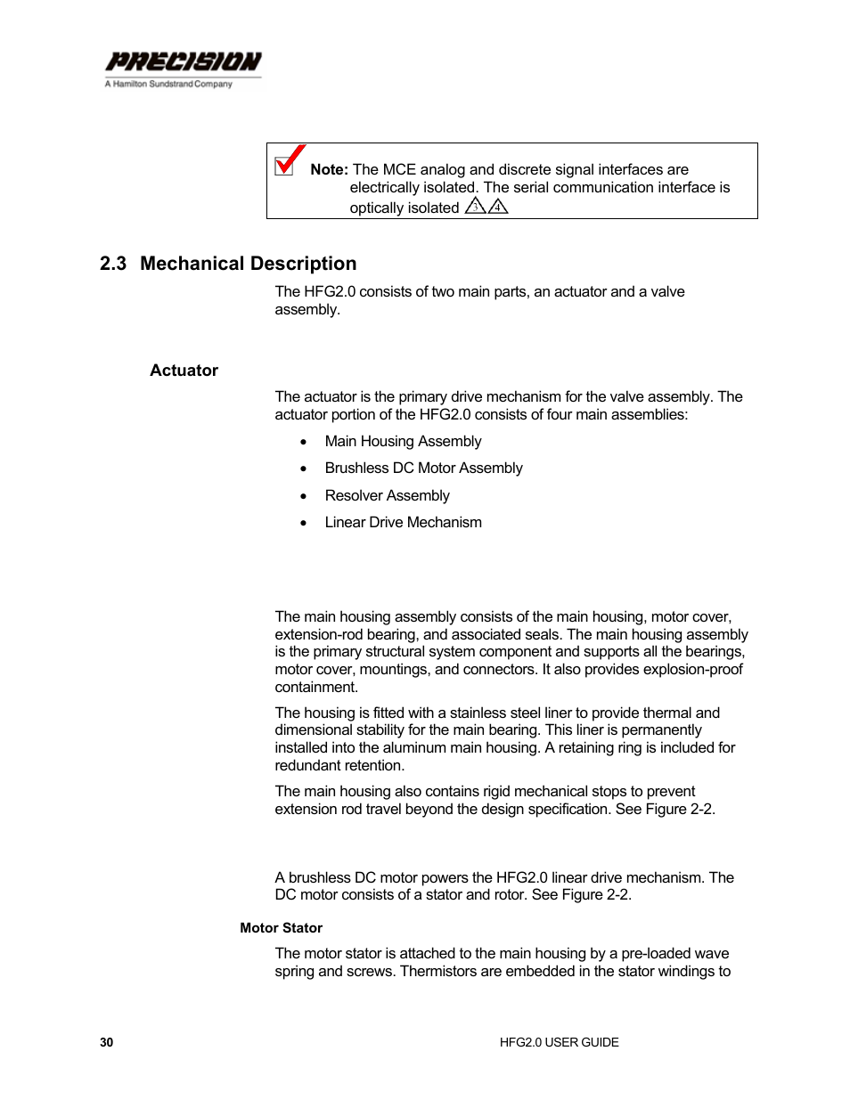 3 mechanical description, Actuator, Main housing assembly | Brushless dc motor assembly, Motor stator, Mechanical description | Hamilton Sundstrand Company Gas Fuel Metering Valve HFG2.0 User Manual | Page 36 / 70