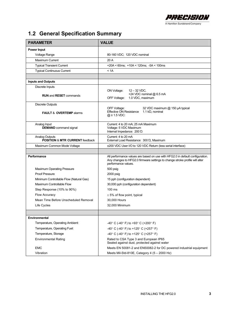 2 general specification summary, Power input, General specification summary | Hamilton Sundstrand Company Gas Fuel Metering Valve HFG2.0 User Manual | Page 9 / 70