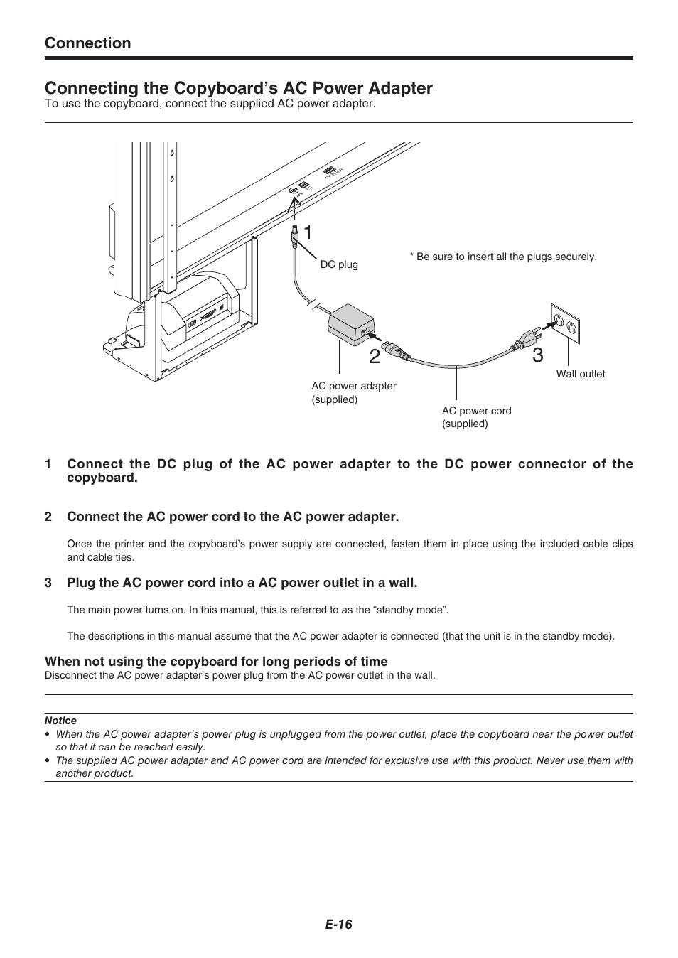 Connecting the copyboard’s ac power adapter, Connection | Plus Corporation COPYBOARD M-115 User Manual | Page 16 / 36