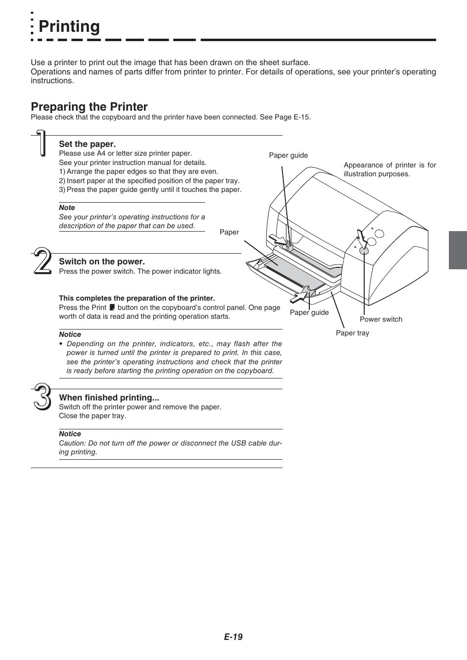 Printing, Preparing the printer | Plus Corporation COPYBOARD M-115 User Manual | Page 19 / 36