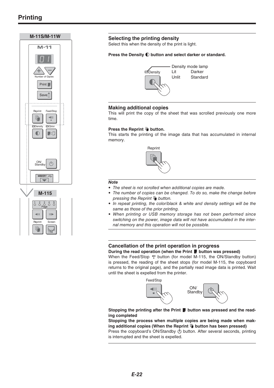 Printing, E-22, Selecting the printing density | Making additional copies, Cancellation of the print operation in progress | Plus Corporation COPYBOARD M-115 User Manual | Page 22 / 36