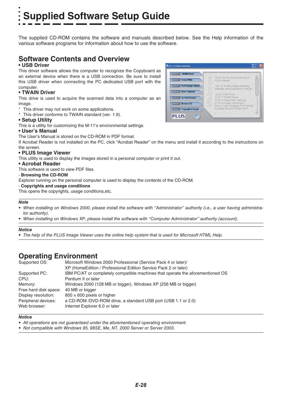 Supplied software setup guide, Software contents and overview, Operating environment | Plus Corporation COPYBOARD M-115 User Manual | Page 28 / 36